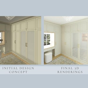 Puede incluir: Una comparaci&oacute;n lado a lado de un dise&ntilde;o de habitaci&oacute;n con armarios empotrados de color crema, un &aacute;rea de tocador, una ventana y un taburete. El lado izquierdo dice INITIAL DESIGN CONCEPT y el derecho dice FINAL 3D RENDERINGS.