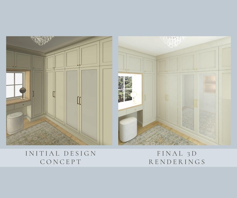 Puede incluir: Una comparaci&oacute;n lado a lado de un dise&ntilde;o de habitaci&oacute;n con armarios empotrados de color crema, un &aacute;rea de tocador, una ventana y un taburete. El lado izquierdo dice INITIAL DESIGN CONCEPT y el derecho dice FINAL 3D RENDERINGS.