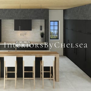 May include: A modern kitchen with black cabinets, a white countertop, and a stainless steel stove. There are four bar stools with white cushions in front of the counter. The text "Interiors By Chelsea" is visible in the image.