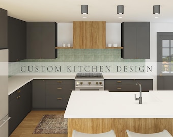 May include: A kitchen interior featuring dark gray cabinetry, a light wood range hood, and white countertops. A light green tiled backsplash sits behind a stainless steel gas range. The text CUSTOM KITCHEN DESIGN is centered over the image.