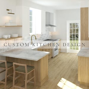 May include: A kitchen interior featuring light wood cabinetry, white upper cabinets, and gray stone countertops. A brass faucet sits above a sink, with a patterned tile backsplash, two wooden stools, and the text CUSTOM KITCHEN DESIGN.