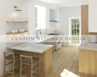 May include: A kitchen interior featuring light wood cabinetry, white upper cabinets, and gray stone countertops. A brass faucet sits above a sink, with a patterned tile backsplash, two wooden stools, and the text CUSTOM KITCHEN DESIGN.
