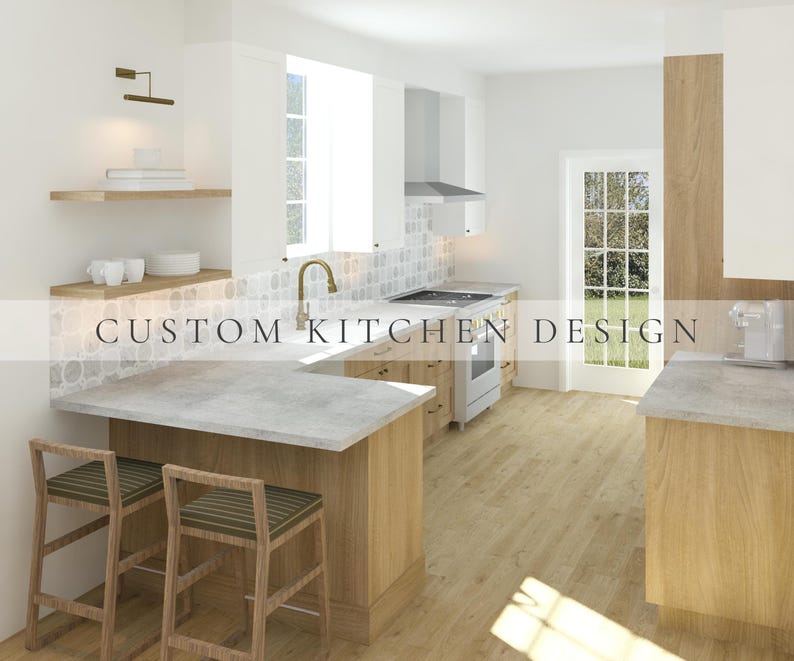 May include: A kitchen interior featuring light wood cabinetry, white upper cabinets, and gray stone countertops. A brass faucet sits above a sink, with a patterned tile backsplash, two wooden stools, and the text CUSTOM KITCHEN DESIGN.
