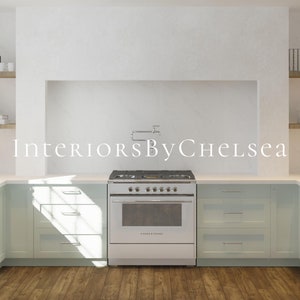 May include: A white kitchen with light blue cabinets and a stainless steel range with a black oven door. The range has six burners and a white knob on the right side. The text "Interiors By Chelsea" is visible in the center of the image.
