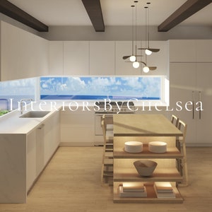 May include: A modern kitchen with white cabinets and a large window overlooking the ocean. A wooden table with shelves is in the center of the room, with a bowl and plates on the shelves. The text "Interiors By Chelsea" is visible in the image.