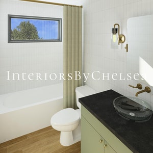 May include: A white bathroom with a bathtub, toilet, and a vanity with a black countertop and a glass sink. The vanity is painted a light green color. The walls are white subway tile and the floor is wood.