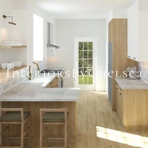 May include: A kitchen featuring light wood cabinetry, white upper cabinets, and gray stone countertops. The space includes a peninsula with two wooden stools, open shelving, a stainless steel range hood, and a glass-paned door leading outdoors.
