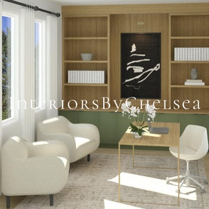 May include: A home office with a green desk, two white chairs, and a bookshelf with a black and white abstract art print. The text "Interiors By Chelsea" is visible in the image.