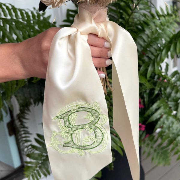 Monogrammed Satin Bridal Bouquet Sash: Embroidered Vintage Vine