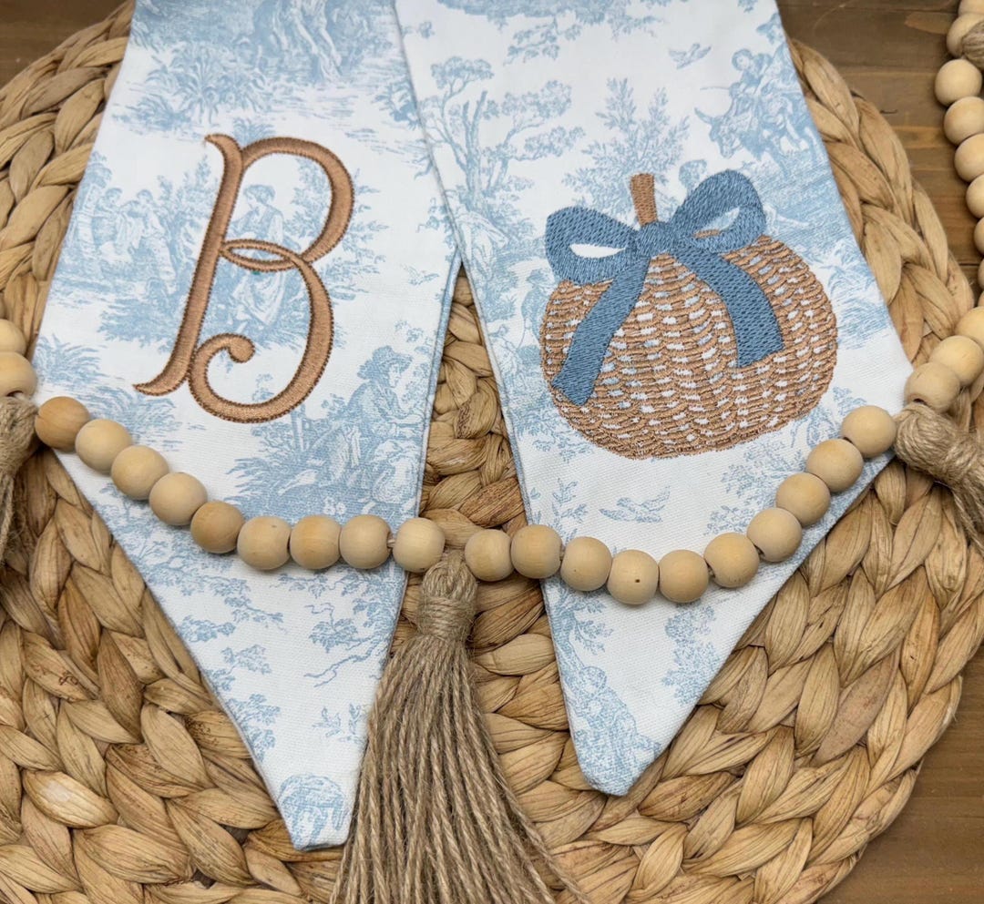 Blue Toile Fall Pumpkin Wreath Sash: Embroidered Chinoiserie Monogram ...
