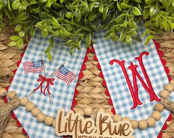 Patriotic Wreath Sash with Rick Rack Trim, Embroidered Flags, Gingham 4th of July Sash