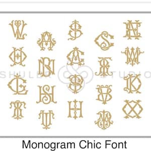 K&ouml;nnte beinhalten: Eine Sammlung goldfarbener Monogramm-Designs, die in einem Raster angeordnet sind und verschiedene verschlungene Buchstabenkombinationen zeigen. Der Text SHULER STUDIO ist in der Mitte sichtbar, und der Text Monogram Chic Font steht unten.
