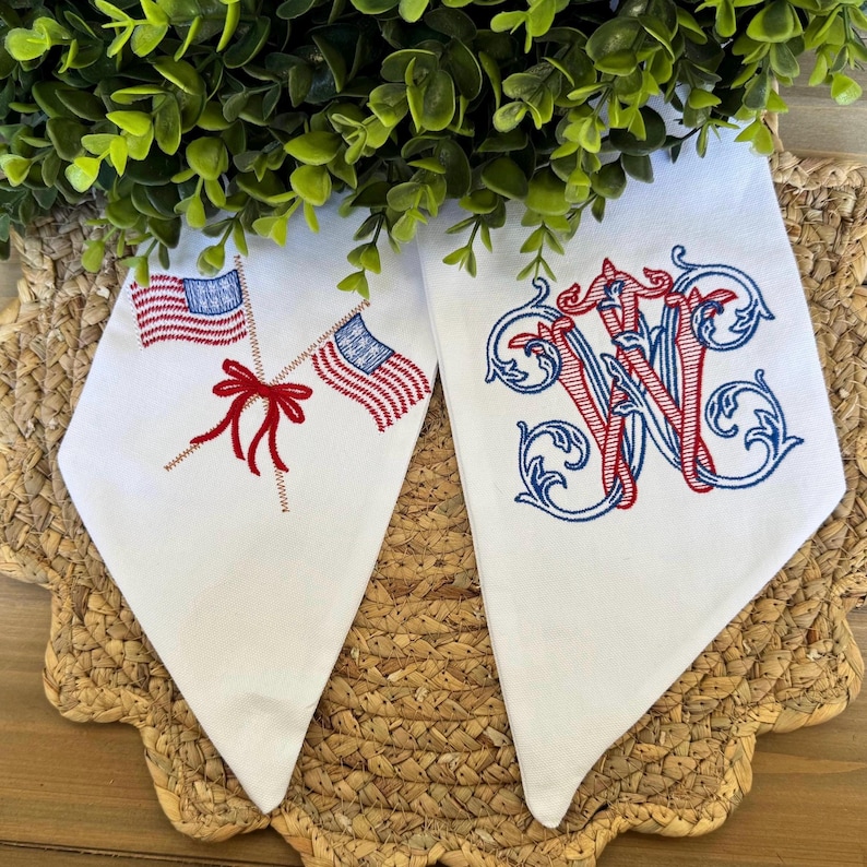 Monogram Patriotic Wreath Sash | Embroidered American Flag Door Decor | Vintage Vine Monogram image 3