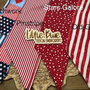 May include: A collection of patriotic fabric swatches with various patterns, including patchwork, pinstripes, stars, and stripes. The fabrics are in red, white, and blue, with the words "Patchwork", "Pinstripe", "Stars Galore", and "Old Glory" displayed.