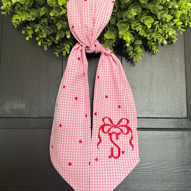 Personalized Valentine Wreath Sash, Monogrammed Pink Gingham Heart Ribbon with Red Bow