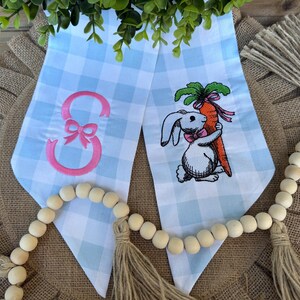 Personalized Easter Wreath Sash, Bunny Spring Sash, Buffalo Plaid Ribbon, Embroidered Bunny Wreath Ribbon
