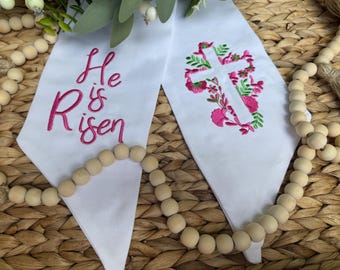 Embroidered Floral Cross Wreath Sash: He is Risen Easter Decor