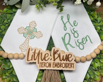 Embroidered Cross Wreath Sash: He is Risen, Christian Home Decor