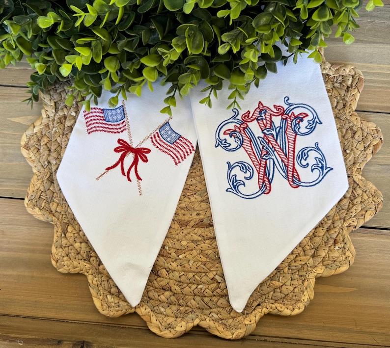 Embroidered Patriotic Wreath Sash: 4th of July American Flags, Vintage Vine Initial