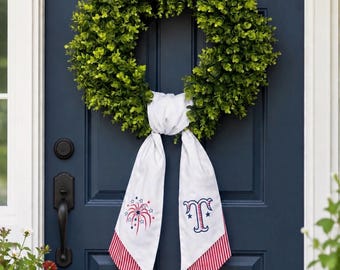 Embroidered 4th of July Wreath Sash, Patriotic Fireworks Decor
