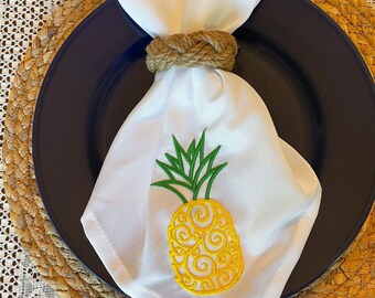 Pineapple Dinner Napkins, Pineapple Table Linens, Housewarming Gift, Wedding Gift, Anniversary Gift, Embroidered Chinoiserie Pineapple