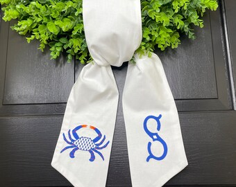 Embroidered Crab Wreath Sash: Monogrammed Beach House Decor