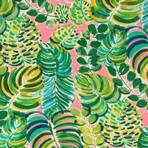 May include: A pink background with a repeating pattern of green, yellow, and blue leaves. The leaves are painted in a stylized, abstract style.