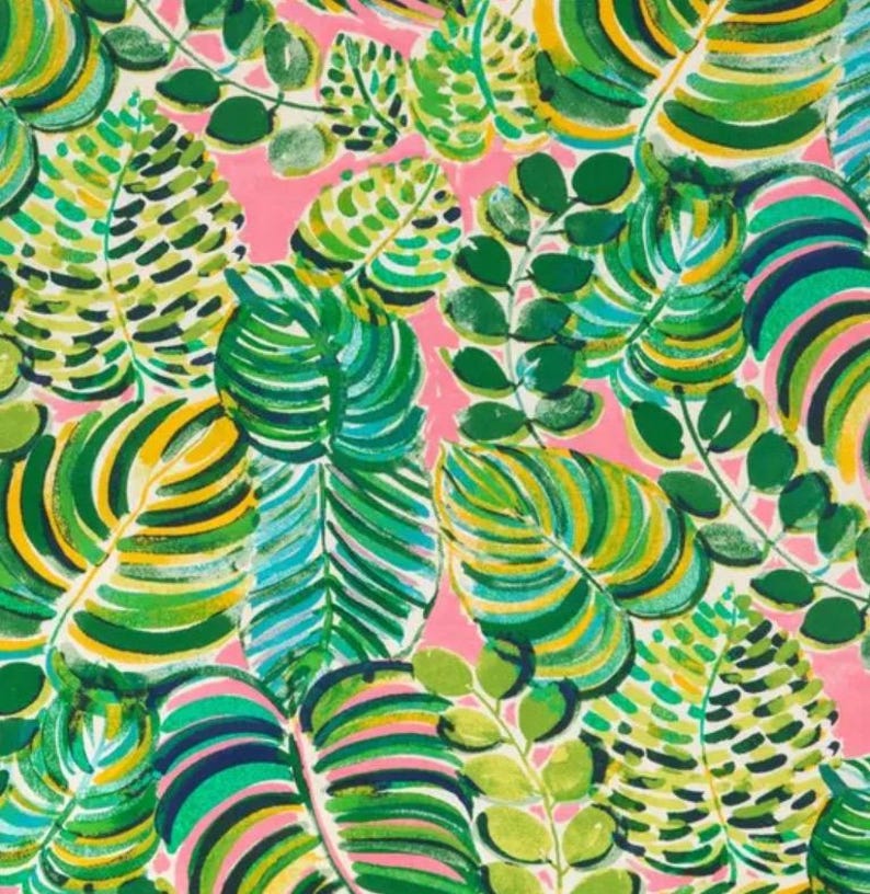 May include: A pink background with a repeating pattern of green, yellow, and blue leaves. The leaves are painted in a stylized, abstract style.