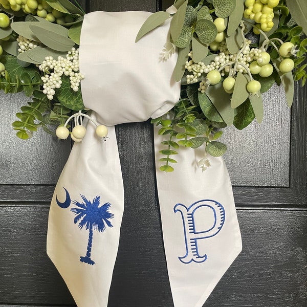 SC Palmetto Tree with Moon Wreath Sash Front Door Decor, Cotton Wreath Sash, South Carolina State Symbol Wreath Sash, Embroidered Door Sash