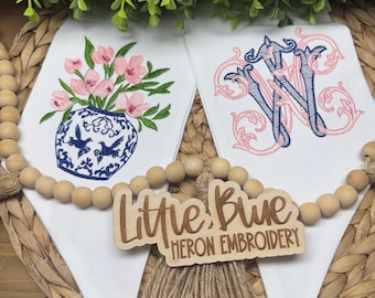 Personalized Chinoiserie Wreath Sash, Floral Monogram Door Ribbon, Spring Summer Wreath Decor