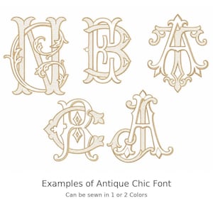 K&ouml;nnte beinhalten: F&uuml;nf gestickte Monogramm-Designs mit den Buchstaben NB, BA, TA, CB und CA in goldfarbenem Garn mit komplizierten Schn&ouml;rkeln und Kreuzschraffuren. Der Text darunter lautet: Examples of Antique Chic Font. Can be sewn in 1 or 2 Colors.