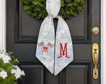 Monogram Patriotic Wreath Sash, Blue Toile Ribbon, Embroidered American Flags