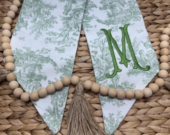 Green Toile Fall Wreath Sash: Embroidered Chinoiserie Ribbon, Fall Door Decor