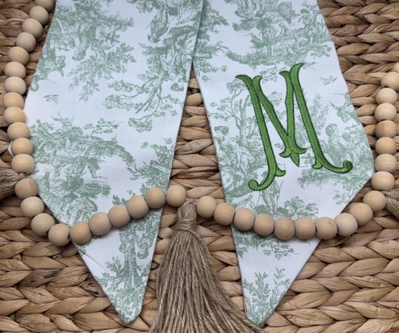 Green Toile Fall Wreath Sash: Embroidered Chinoiserie Ribbon, Fall Door Decor