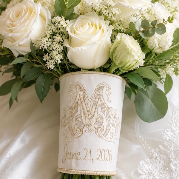 Custom Monogrammed Wedding Bouquet Wrap: Embroidered Vintage Initial and Date