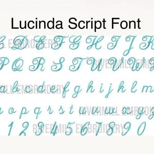 May include: A digital display of the Lucinda Script font featuring a complete set of uppercase and lowercase letters in a teal cursive style, along with the numbers zero through nine, arranged in rows against a plain white background.