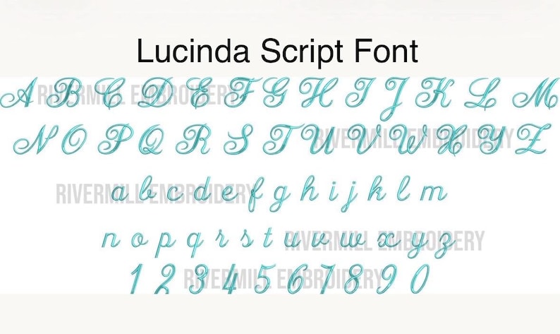 May include: A digital display of the Lucinda Script font featuring a complete set of uppercase and lowercase letters in a teal cursive style, along with the numbers zero through nine, arranged in rows against a plain white background.
