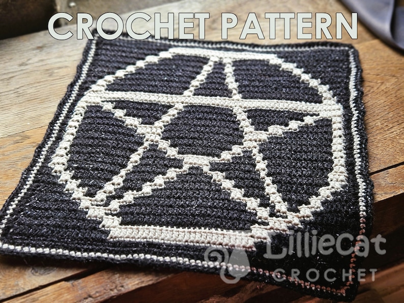 A crochet pattern using overlay mosaic crochet technique. The pattern has a dark background with a white pentagram motif in the middle. The watermark says Lilliecat crochet. It has an alternative and witchy feel.