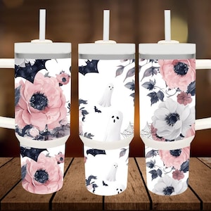 ghost flowers 40oz Tumbler Png,halloween sublimation design,halloween Floral tumbler wrap,halloween Tumbler 40oz Png