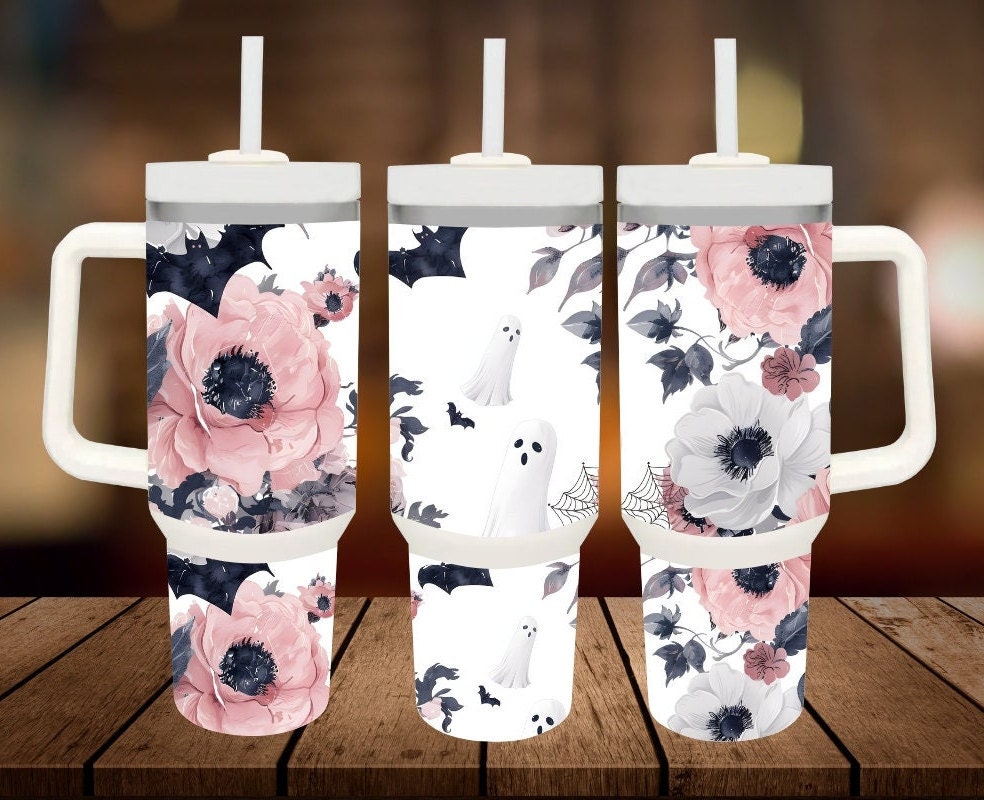 ghost flowers 40oz Tumbler Png,halloween sublimation design,halloween Floral tumbler wrap,halloween Tumbler 40oz Png