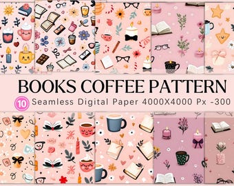 Books & Coffee Digital Paper – 10 Seamless High-Res Patterns for Junk Journals, Scrapbooking, Cozy Crafts and Collage