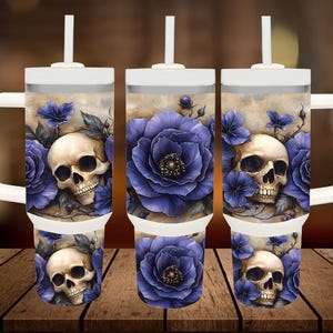 Blue roses and skulls40oz Tumbler Wrap, 40oz Sublimation Design Download, 40oz Halloween Tumbler Png, 40 Oz Quencher Tumbler