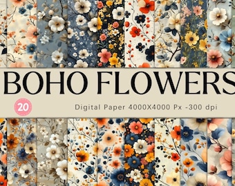 Boho Flowers Digital Paper – 20 High-Resolution Floral Backgrounds for Scrapbooking, Junk Journals, Sublimation & Crafts