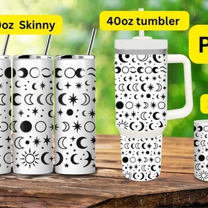 May include: White tumblers and a mug with a black celestial design featuring moons, stars, and suns. The image includes a 20oz skinny tumbler, a 40oz tumbler, and an 11oz mug. The tumblers have a silver straw.