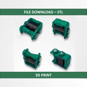 May include: Four green 3D-printed objects, each with a spool of black thread and purple accents. The objects are arranged in a square, with the text "FILE DOWNLOAD - STL" and "3D PRINT" in green banners.