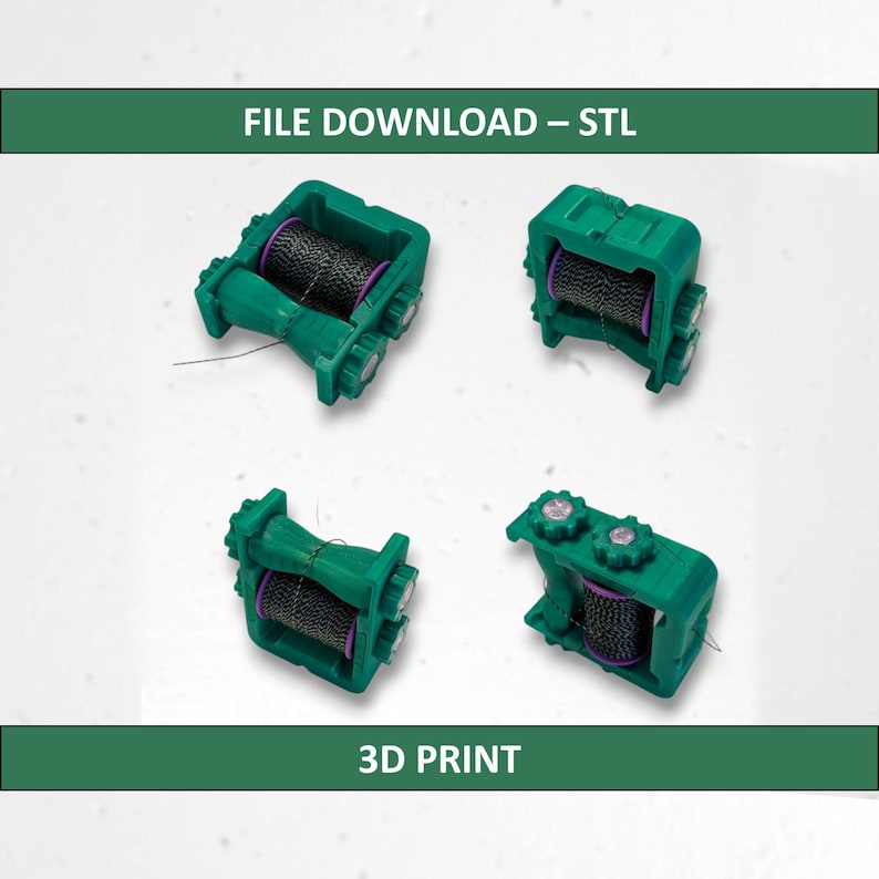 May include: Four green 3D-printed objects, each with a spool of black thread and purple accents. The objects are arranged in a square, with the text "FILE DOWNLOAD - STL" and "3D PRINT" in green banners.