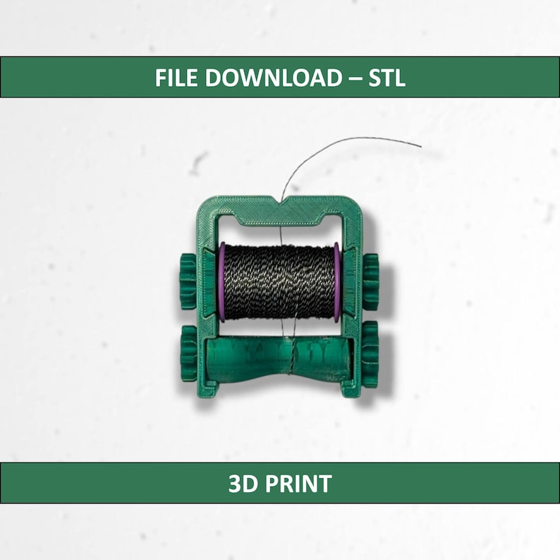 May include: A green 3D-printed spool holder with a black and purple spool of thread. The text "FILE DOWNLOAD - STL" and "3D PRINT" are displayed in green bars above and below the object.