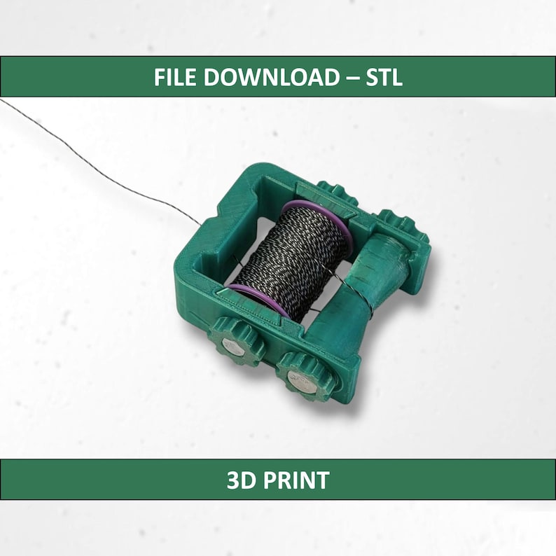 May include: A green 3D-printed spool holder with a black and gray cord wound around a purple spool. The text "FILE DOWNLOAD - STL" and "3D PRINT" are displayed in green bars.