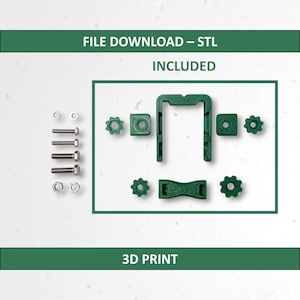 May include: A collection of green 3D-printed parts, including a U-shaped piece, gears, and fasteners. The image includes the text "FILE DOWNLOAD - STL INCLUDED" and "3D PRINT".