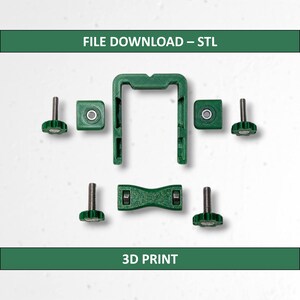 May include: A collection of green 3D-printed parts, including a U-shaped bracket, two square pieces, a connecting piece, and four thumb screws. The text "FILE DOWNLOAD - STL" and "3D PRINT" are displayed in green banners.